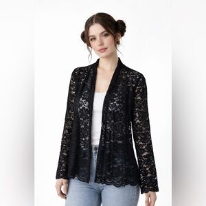 INC Lace Sheer Cardigan Y2K Long Sleeve Medium Scalloped Edges Whimsigoth